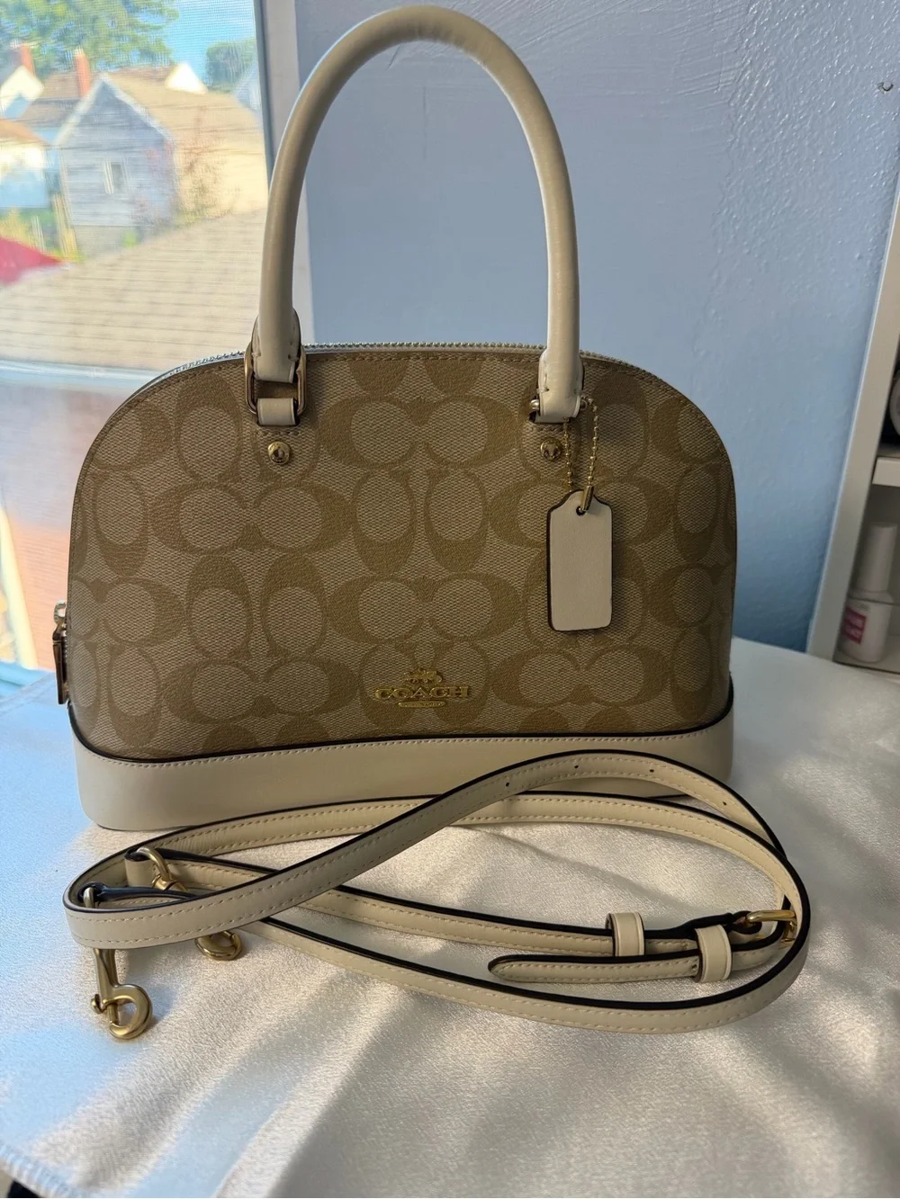 Coach Khaki Monogram Dome Satchel with Chalk Trim